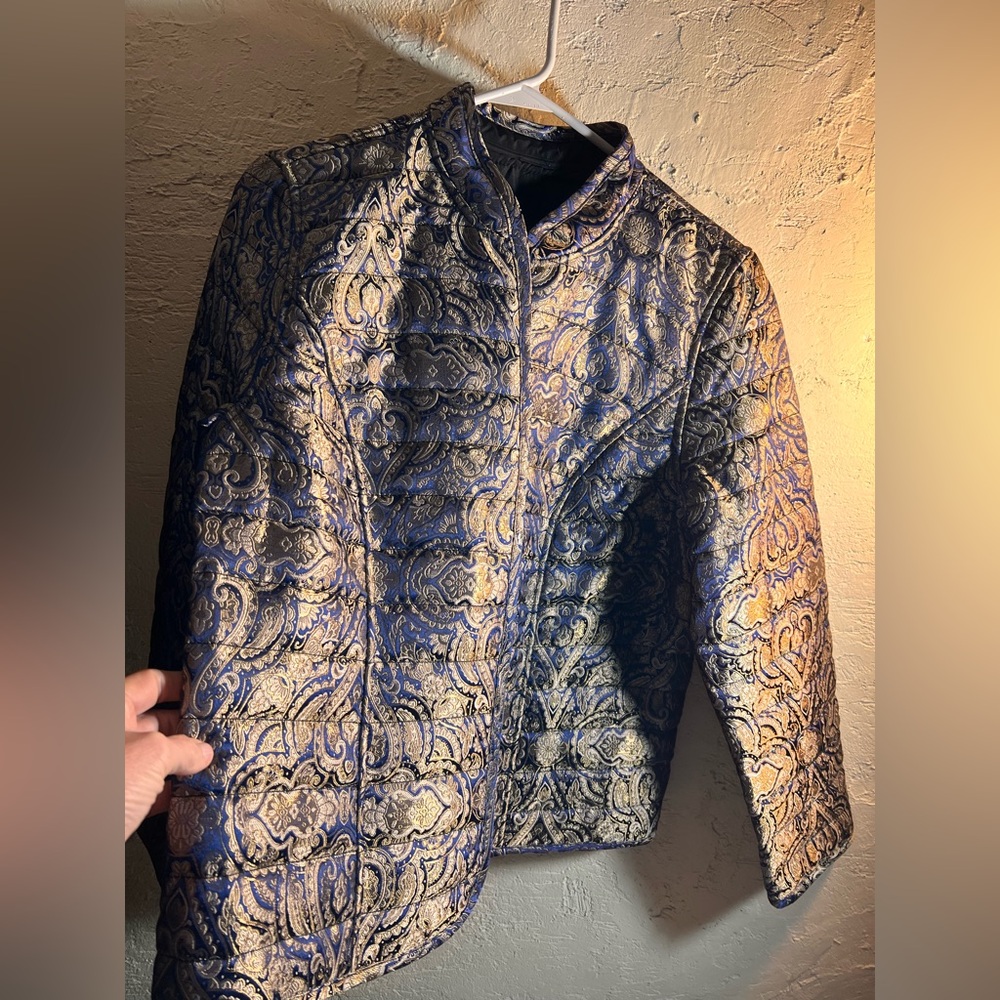 Blue Gold Brocade Women's Jacket Blazer quilted mandarin collar M/L